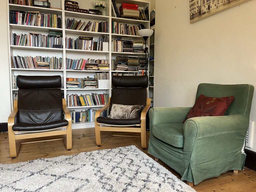 Image of interior of Library room space featuring bookshelves, lounge furniture, around a cosy rug.