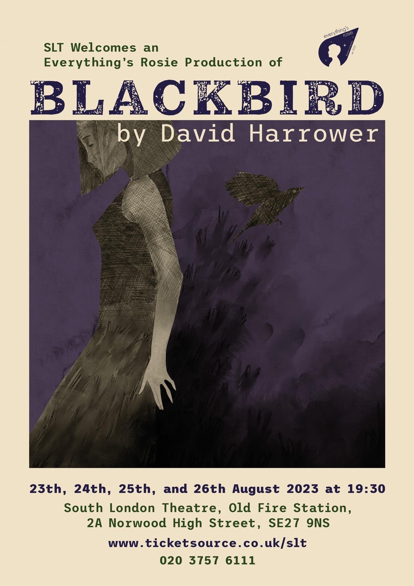 Blackbird poster showing a dark image of a woman in a black dress against a purple background