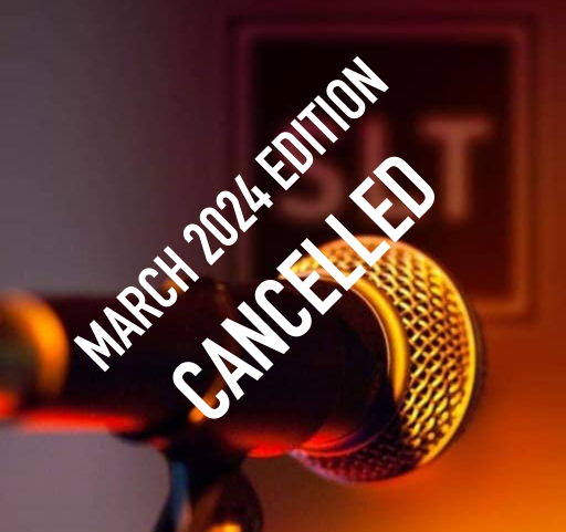 Event poster with microphone and SLT logo PLUS overlay of "cancelled"