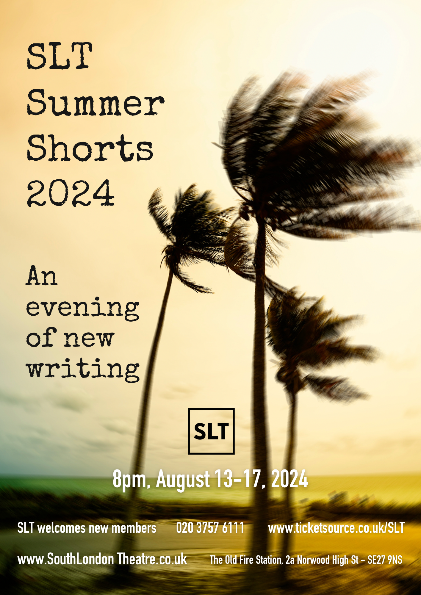SLT Summer Shorts 2024 poster image of palm trees blowing in strong wind against a pale yellow sky.