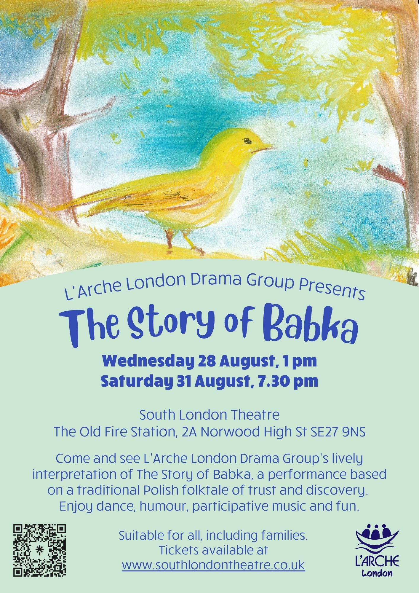 Poster for the story of Babka, showing a drawing of a yellow bird by a tree.