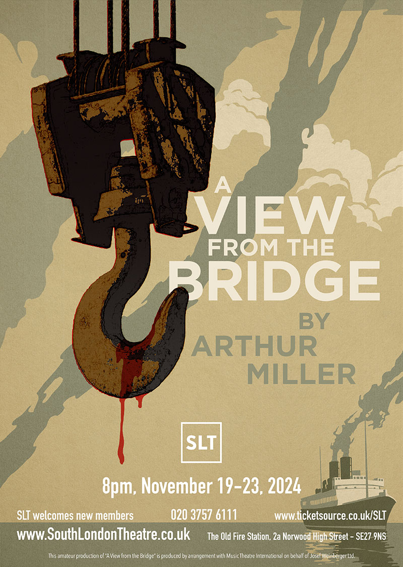 Poster image for A View From The Bridge, featuring graphical presentation of ocean horizon and liner with cargo hook in foreground, dripping in blood