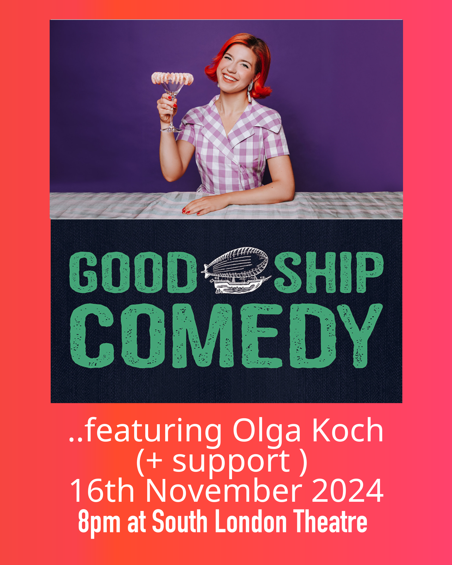 Good Ship Comedy poster showing a woman sat at a table holding up a cocktail glass