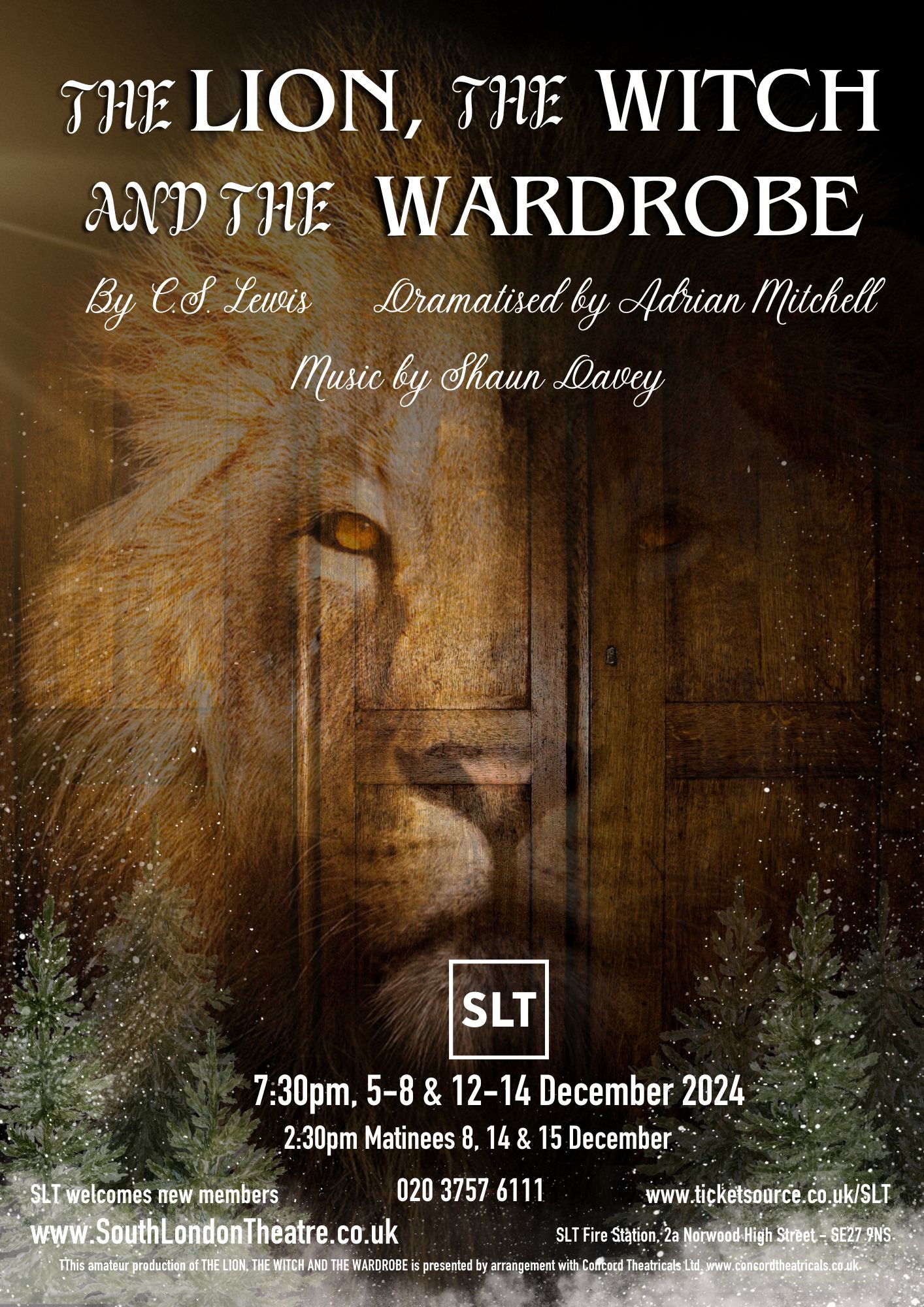 Poster image comprising: partly transparent image of male lion's head, superimposed on a dark wooden wardrobe door.