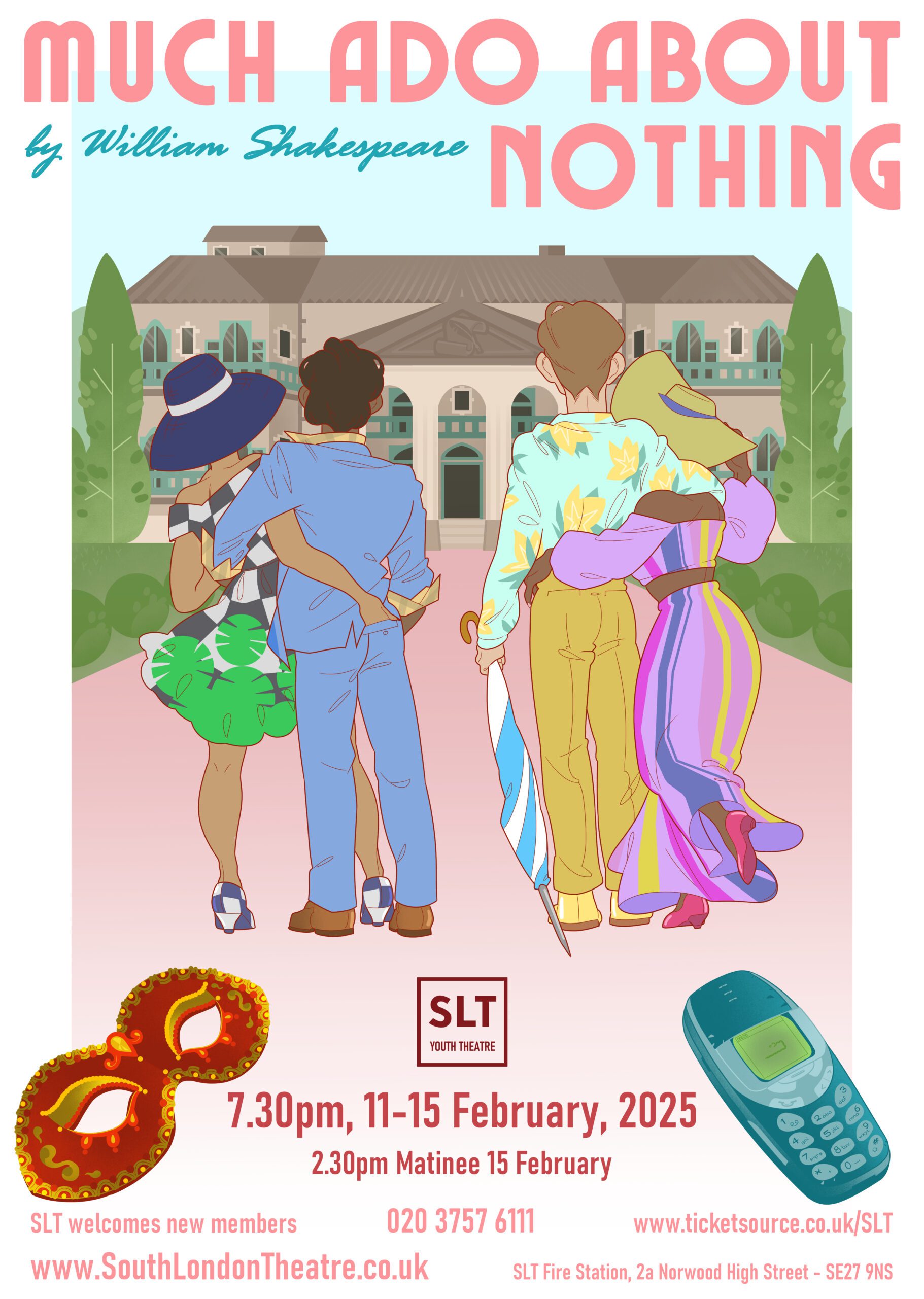 Much Ado about Nothing poster image in playful animation graphic style, of two couples in vibrant modern dress viewed from behind as they approach an Italianate mansion. Behind them on the ground, as if cast aside are a masquerade ball-style mask and a 1990s mobile phone.