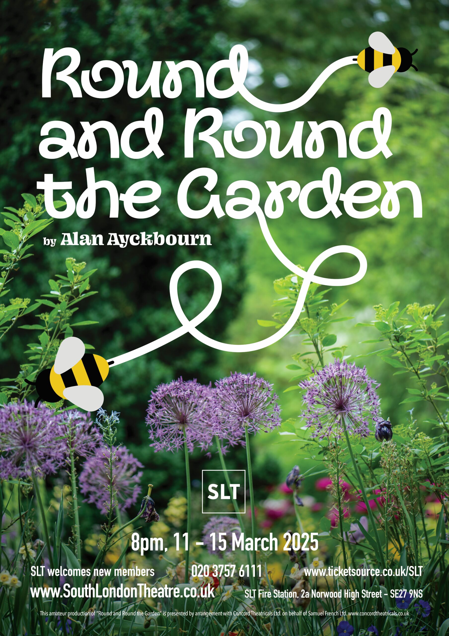 Image of a cartoon bee and its flight path against a photograph of a country garden with purple flowers