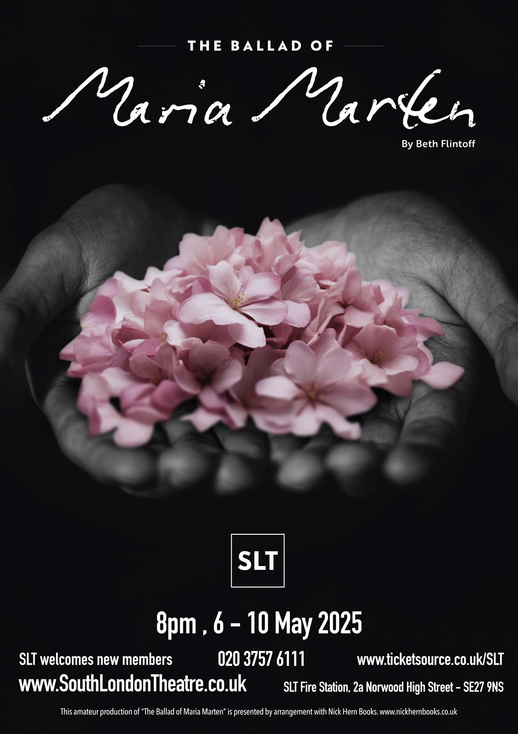 Poster of The Ballad of Maria Marten, showing a black and white image of two hands holding a colour image of pink flowers