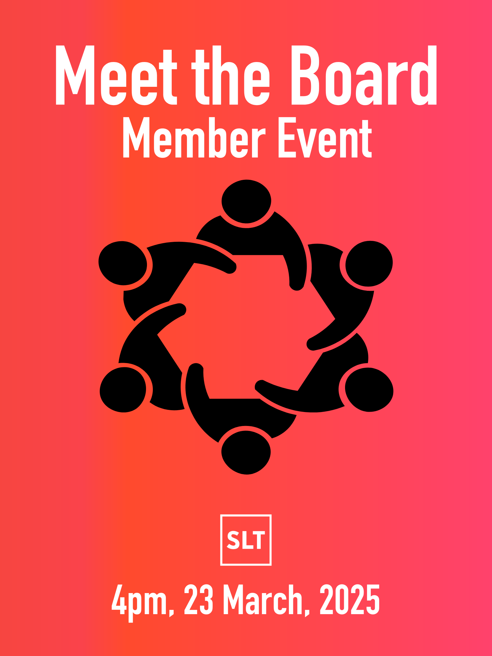 Poster with graphical icon representing a meeting of people with linked arms.